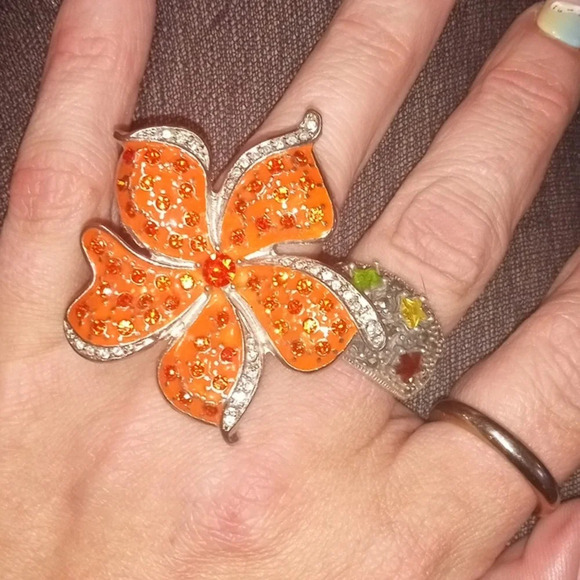 Large Adjustable Orange Hibiscus Flower Statement Ring - Picture 5 of 5